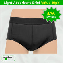 Load image into Gallery viewer, Product image - mens reusable incontinence underwear light absorbent briefs in black  value 10pk - $76 savings callout
