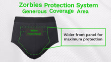 Load image into Gallery viewer, Infographic showing Zorbies Incontinence Protection System wider front panel
