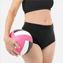 Load image into Gallery viewer, 1pk product page image - zorbies womens reusable leak proof absorbent sport running brief angled front view with colorful volleyball
